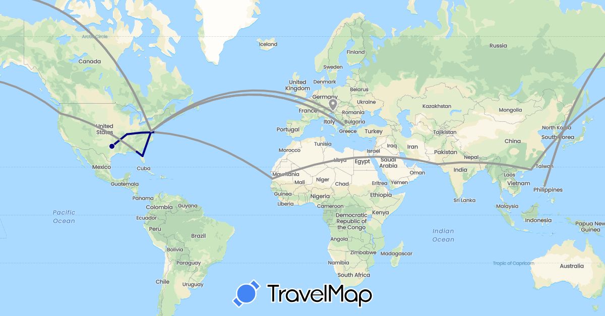 TravelMap itinerary: driving, plane in Albania, China, Mauritania, Philippines, Pakistan, Slovenia, United States (Africa, Asia, Europe, North America)